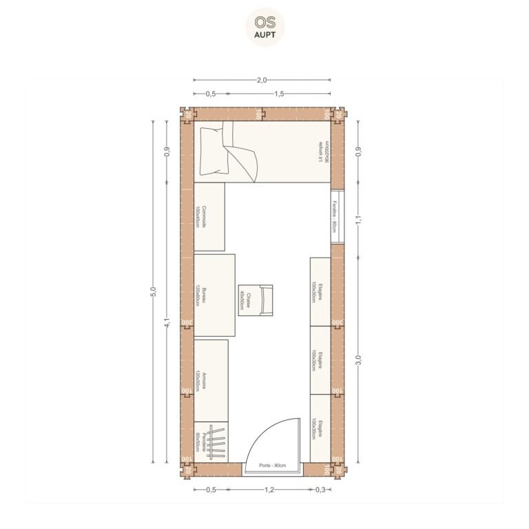 Plan chambre 10m2 avec lit 90cm bureau 120cm et rangements 2. 0 x 5. 0 m
