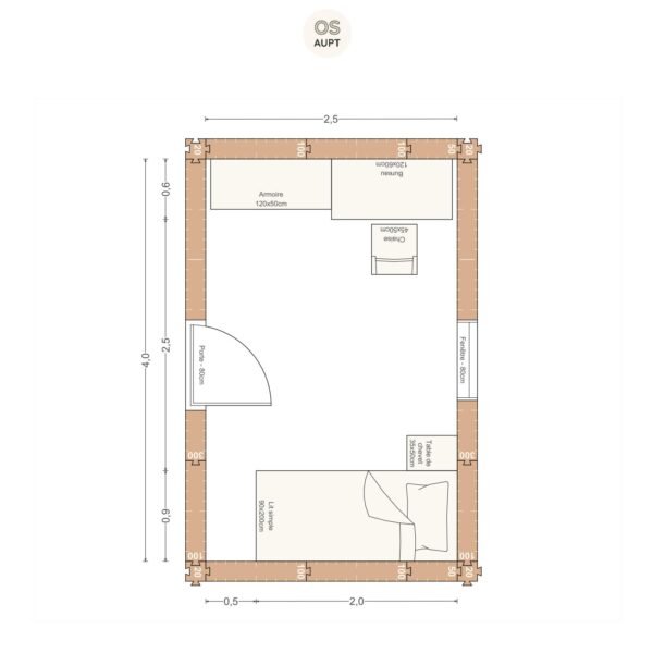 Plan chambre 10m2 avec lit 90cm et bureau 120cm 2. 5 x 4. 0 m