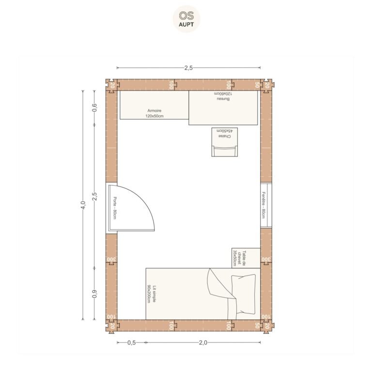 Plan chambre 10m2 avec lit 90cm et bureau 120cm 2. 5 x 4. 0 m