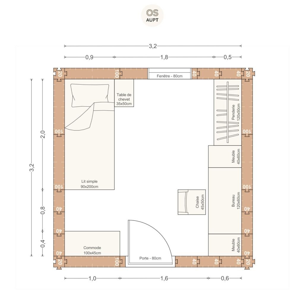 Plan chambre 10m2 avec lit 90cm et mur de rangement avec bureau et penderie 32 x 32 m
