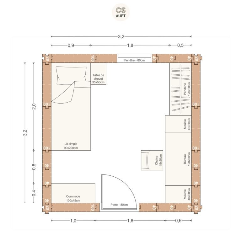 Plan chambre 10m2 avec lit 90cm et mur de rangement avec bureau et penderie 32 x 32 m