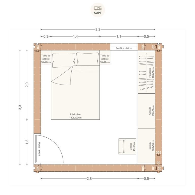 Plan chambre 11m2 avec lit 140cm bureau 100cm et penderie armoire 3. 3 x 3. 3 m