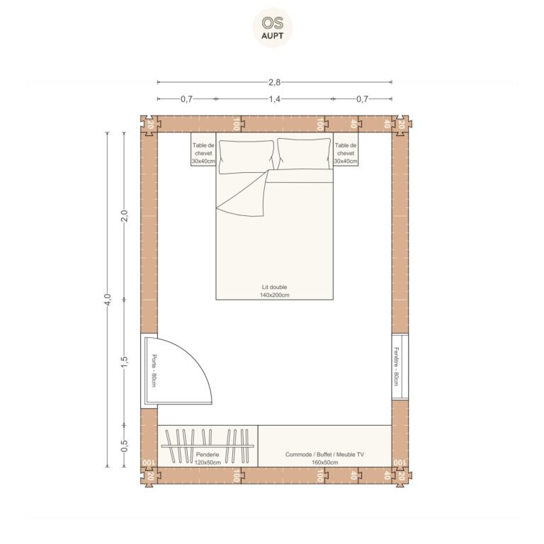 Plan chambre 11m2 avec lit 140cm et penderie 2. 8 x 4. 0 m