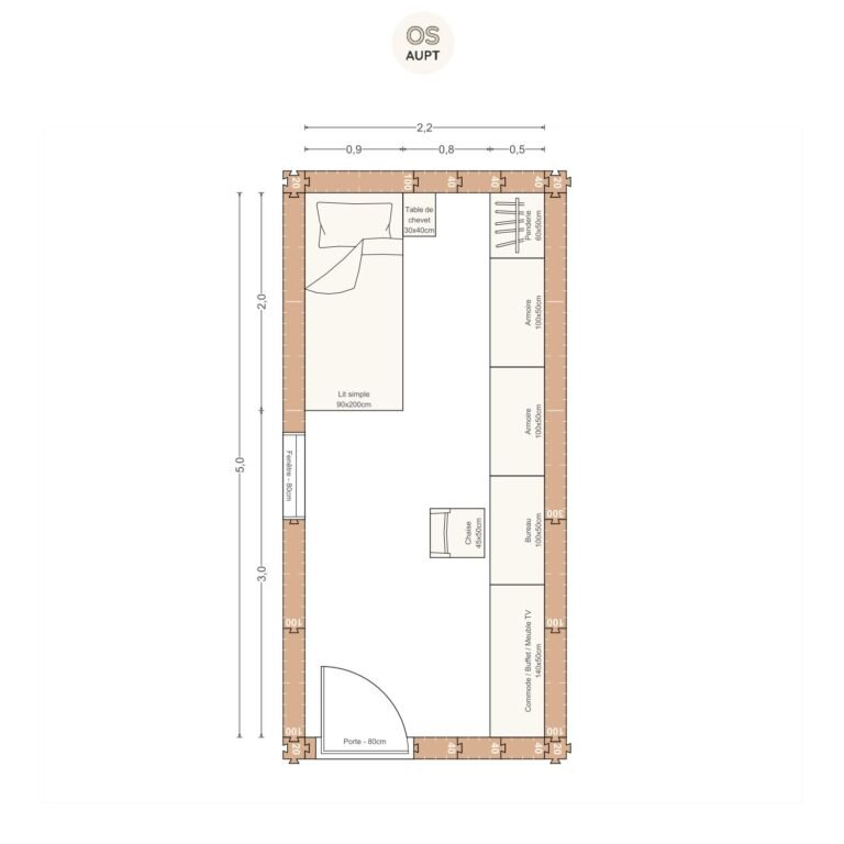 Plan chambre 11m2 avec lit 90cm bureau 100cm et lineaire de rangement 2. 2 x 5. 0 m