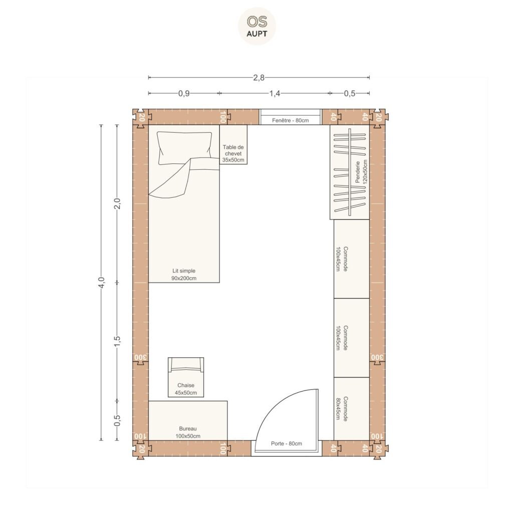 Plan chambre 11m2 avec lit 90cm bureau 100cm et lineaire de rangement 2. 8 x 4. 0 m