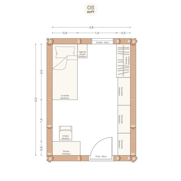 Plan chambre 11m2 avec lit 90cm bureau 100cm et lineaire de rangement 2. 8 x 4. 0 m