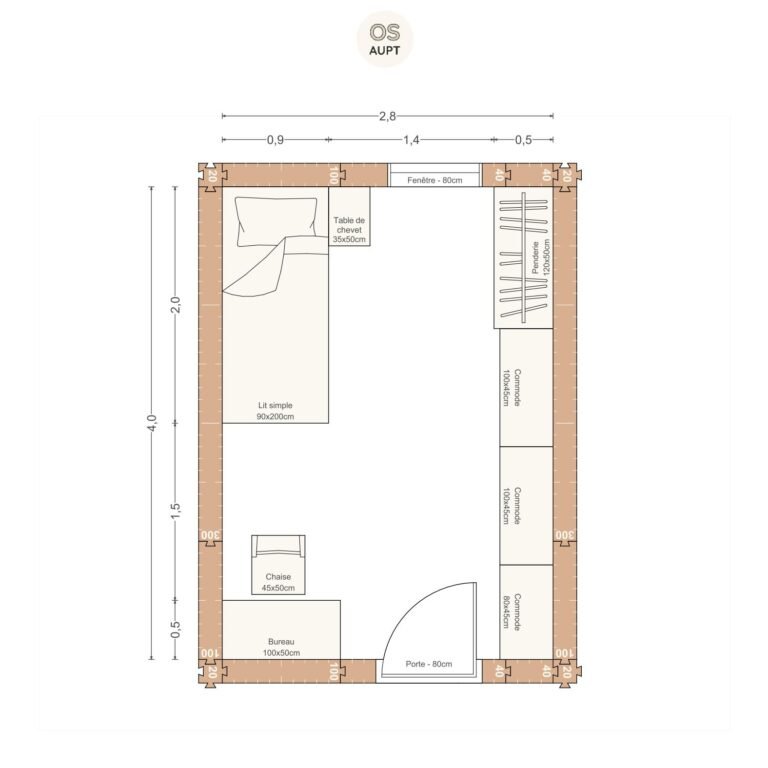 Plan chambre 11m2 avec lit 90cm bureau 100cm et lineaire de rangement 2. 8 x 4. 0 m