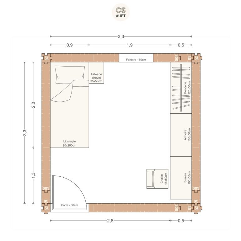 Plan chambre 11m2 avec lit 90cm bureau 100cm et penderie armoire 33 x 33 m
