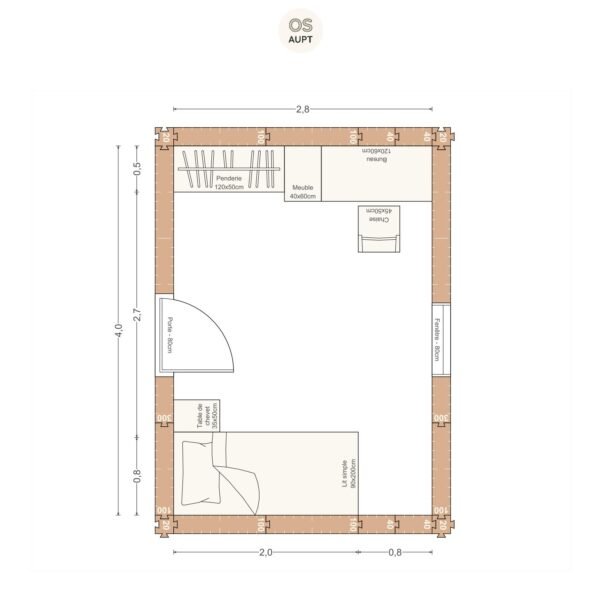 Plan chambre 11m2 avec lit 90cm bureau 120cm et penderie 2. 8 x 4. 0 m