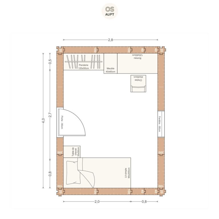 Plan chambre 11m2 avec lit 90cm bureau 120cm et penderie 2. 8 x 4. 0 m