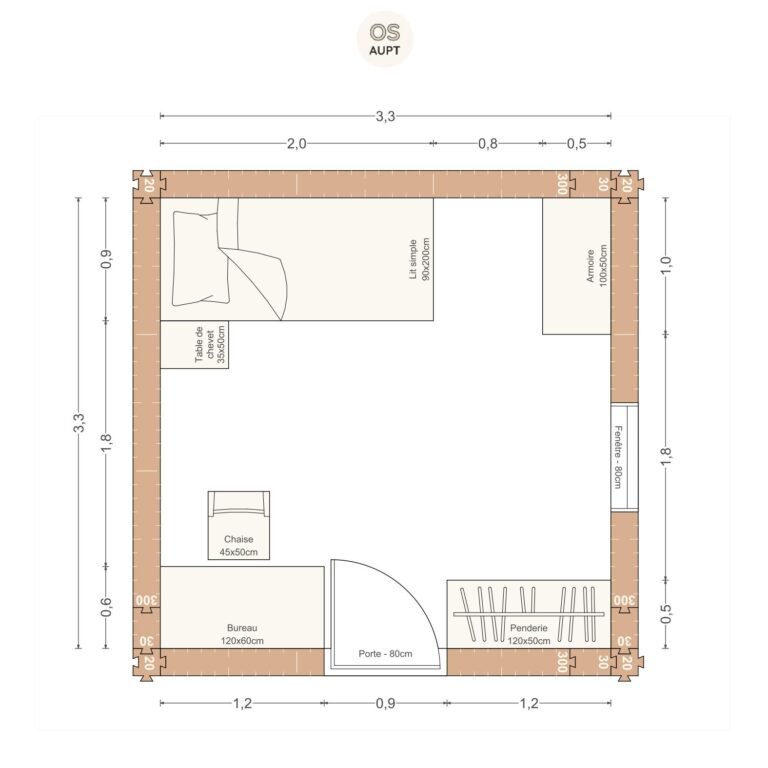 Plan chambre 11m2 avec lit 90cm bureau 120cm et penderie armoire 33 x 33 m