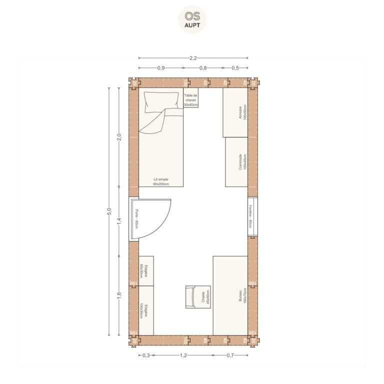 Plan chambre 11m2 avec lit 90cm et bureau 160cm 2. 2 x 5. 0 m