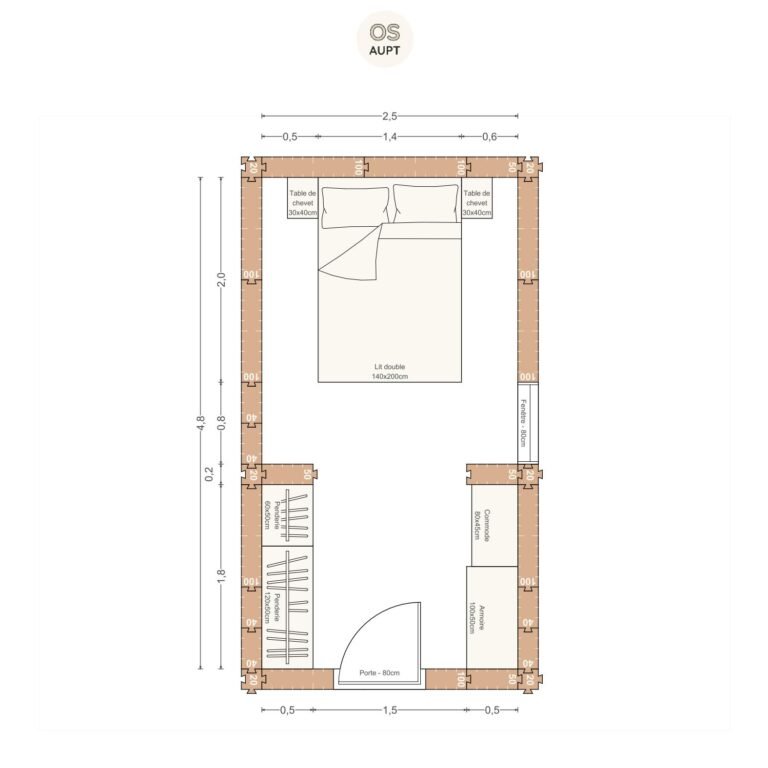 Plan chambre 12m2 avec dressing et lit 140cm 2. 5 x 4. 8 m