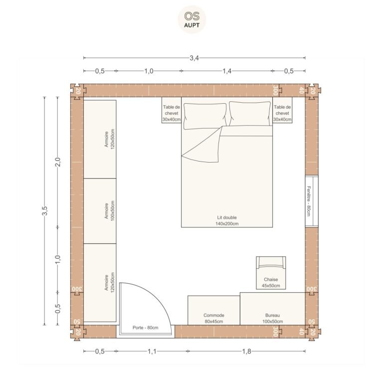 Plan chambre 12m2 avec lit 140cm bureau 100cm et lineaire de rangement 3. 4 x 3. 5 m