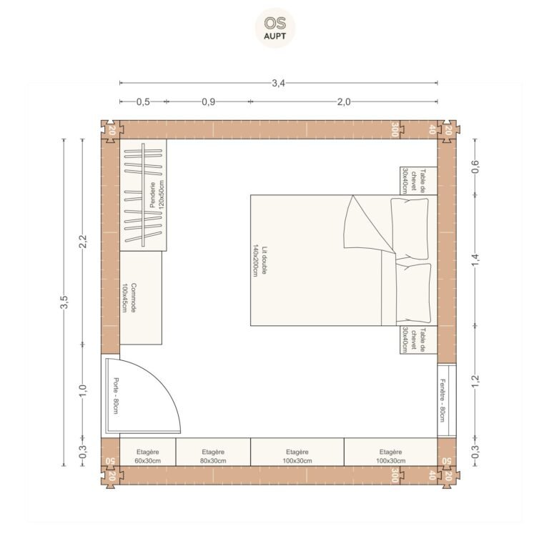 Plan chambre 12m2 avec lit 140cm penderie et etageres 3. 4 x 3. 5 m