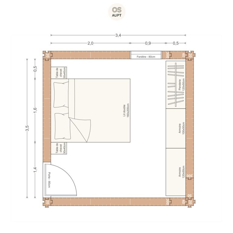 Plan chambre 12m2 avec lit 160cm et dressing en longueur 3. 4 x 3. 5 m
