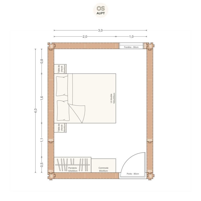 Plan chambre 12m2 avec lit 160cm et penderie 3. 0 x 4. 0 m