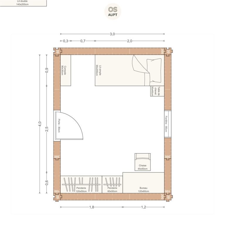 Plan chambre 12m2 avec lit 90cm bureau 120cm et penderie 3. 0 x 4. 0 m