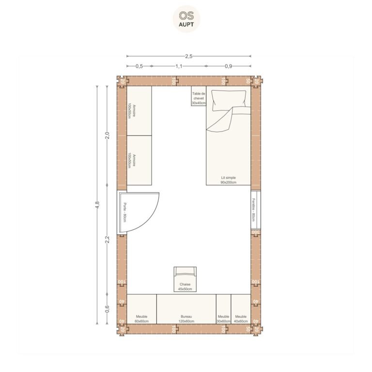 Plan chambre 12m2 avec lit 90cm espace bureau et armoires 2. 5 x 4. 8 m