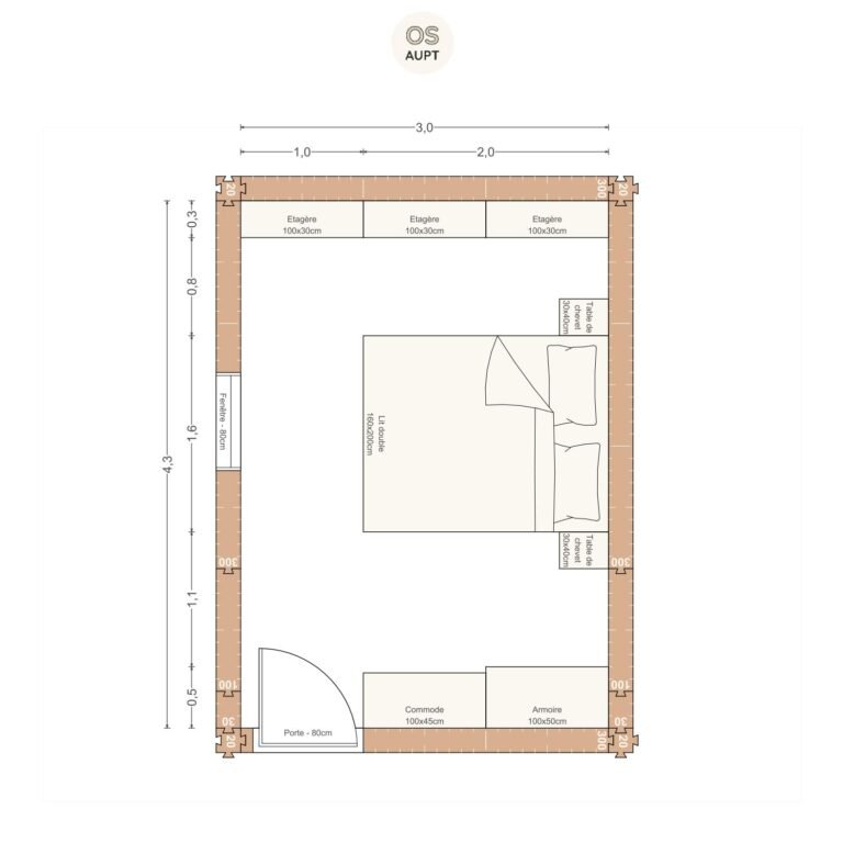 Plan chambre 13m2 avec lit 160cm armoire et etageres 3. 0 x 4. 3 m