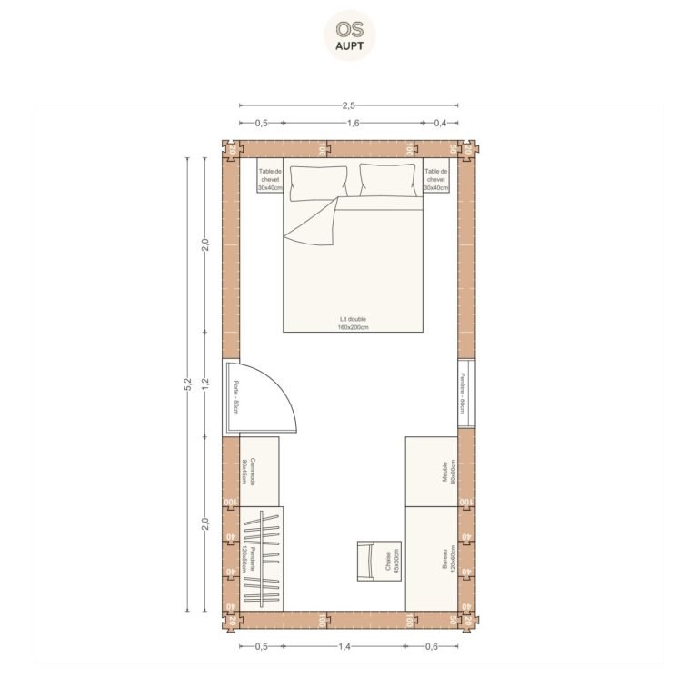 Plan chambre 13m2 avec lit 160cm bureau 120cm et penderie 2. 5 x 5. 2 m