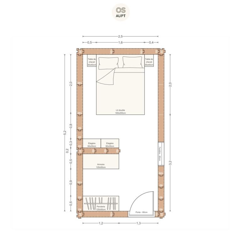 Plan chambre 13m2 avec lit 160cm et dressing 2. 5 x 5. 2 m