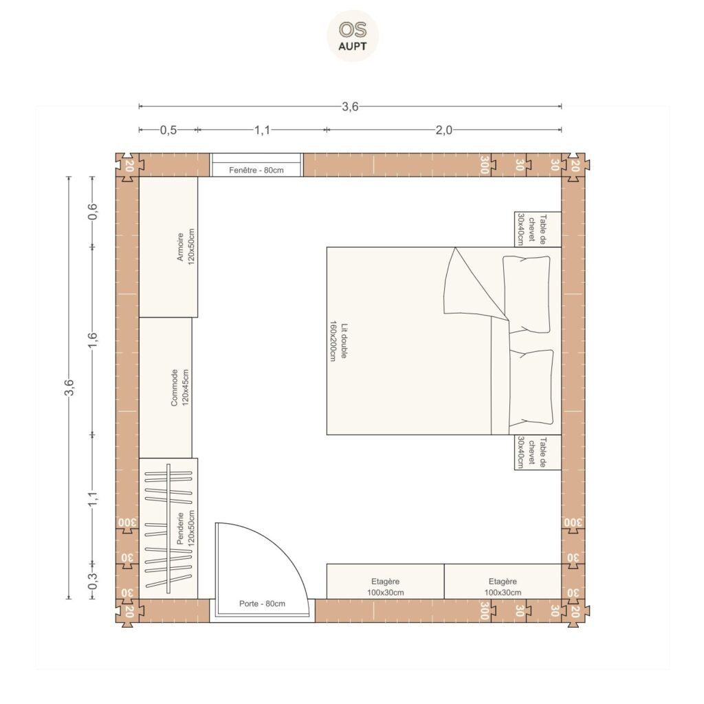 Plan chambre 13m2 avec lit 160cm et lineaire de rangement 3. 6 x 3. 6 m