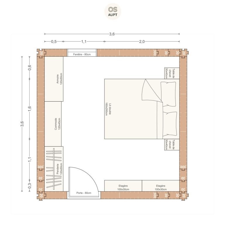 Plan chambre 13m2 avec lit 160cm et lineaire de rangement 3. 6 x 3. 6 m