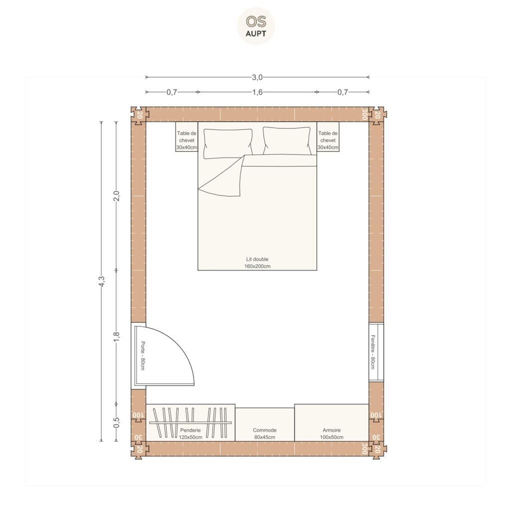 Plan chambre 13m2 avec lit 160cm et penderie 3. 0 x 4. 3 m