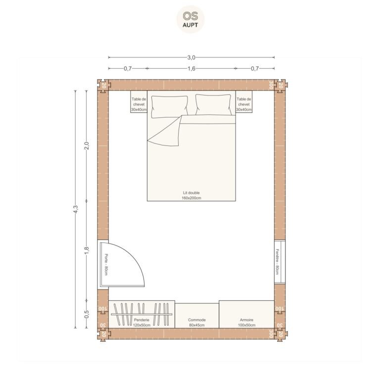 Plan chambre 13m2 avec lit 160cm et penderie 3. 0 x 4. 3 m
