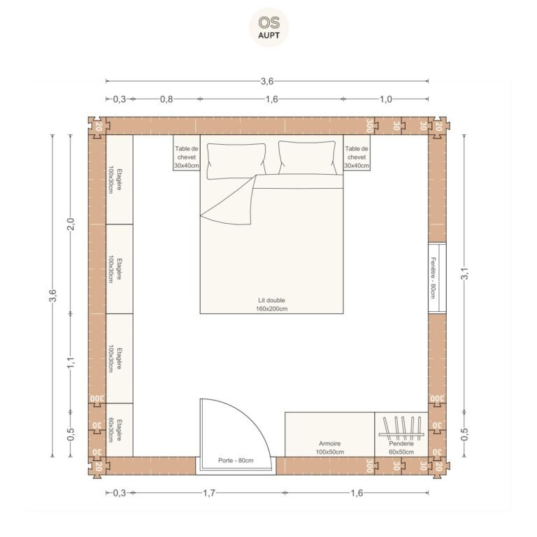 Plan chambre 13m2 avec lit 160cm penderie et etageres 3. 6 x 3. 6 m