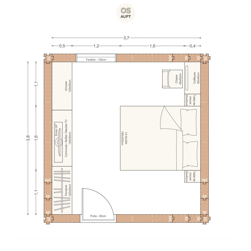 Plan chambre 14m2 avec lit 160cm central et lineaire de rangement 3. 7 x 3. 8 m