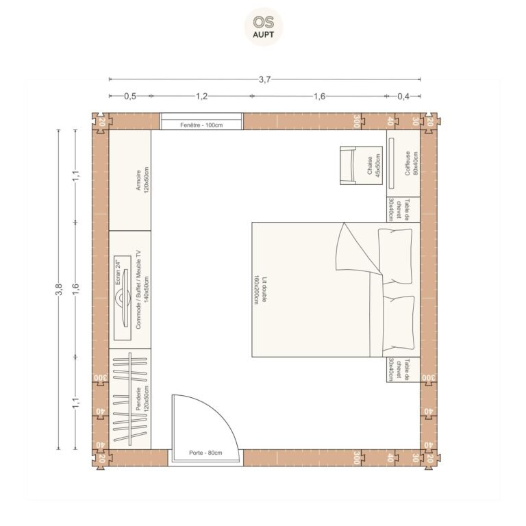 Plan chambre 14m2 avec lit 160cm central et lineaire de rangement 3. 7 x 3. 8 m