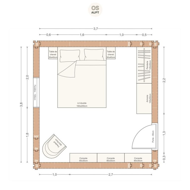 Plan chambre 14m2 avec lit 160cm penderie armoire et console 3. 7 x 3. 8 m