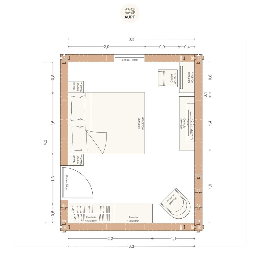 Plan chambre 14m2 avec lit 160cm penderie coiffeuse et tv 3. 3 x 4. 2 m