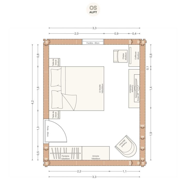 Plan chambre 14m2 avec lit 160cm penderie coiffeuse et tv 3. 3 x 4. 2 m