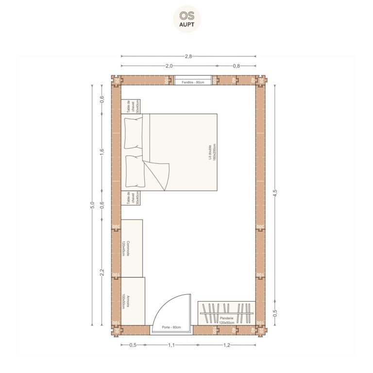 Plan chambre 14m2 avec lit 160cm penderie et armoire 2. 8 x 5. 0 m