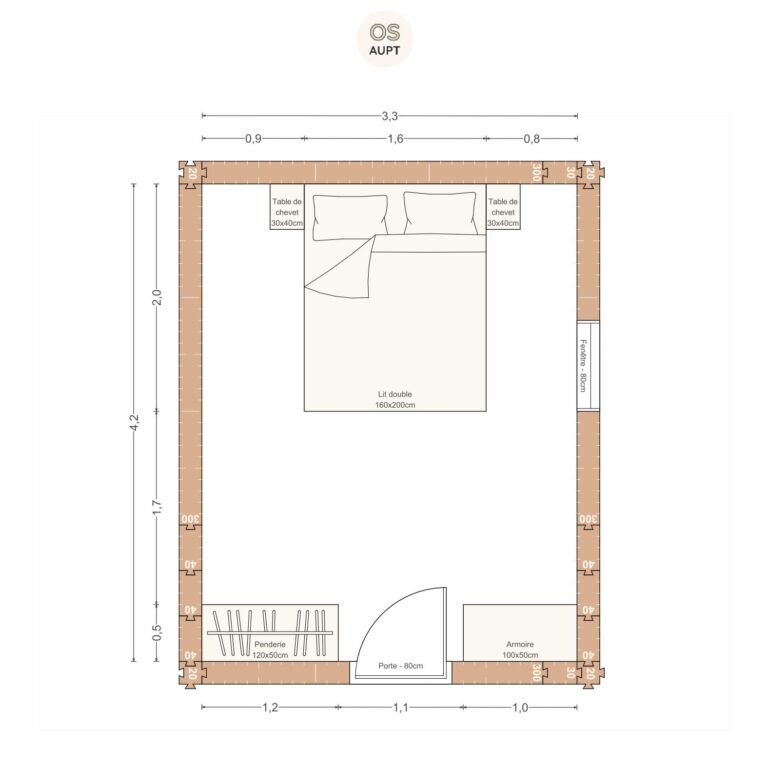 Plan chambre 14m2 avec lit 160cm penderie et armoire 3. 3 x 4. 2 m