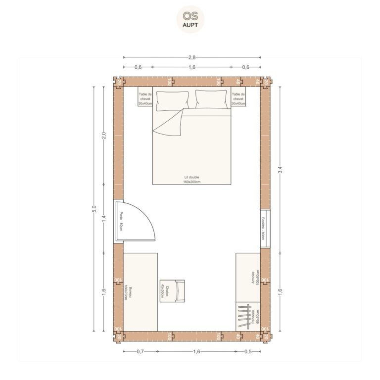 Plan chambre 14m2 avec lit 160cm penderie et bureau 160cm2. 8 x 5. 0 m