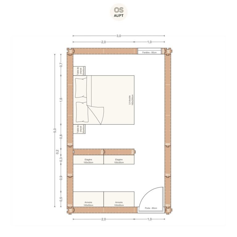 Plan chambre 15m2 avec lit 160cm et dressing 3. 0 x 5. 0 m