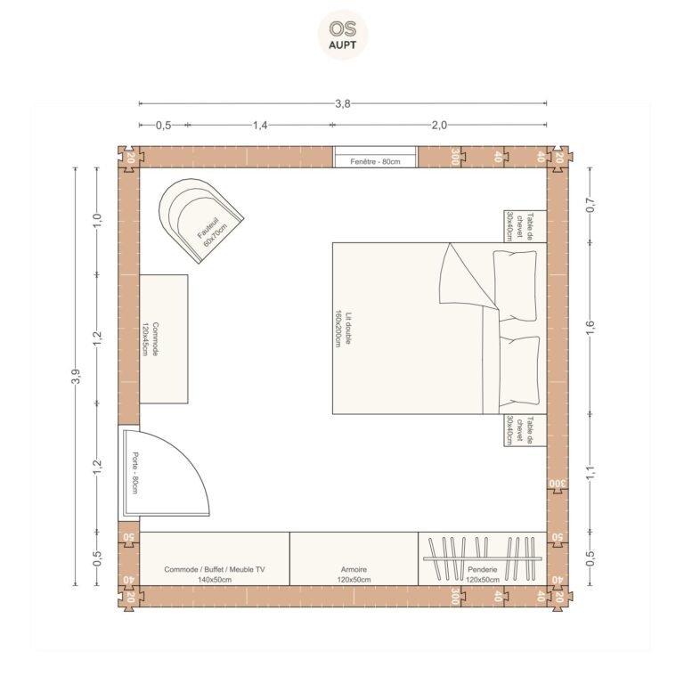 Plan chambre 15m2 avec lit 160cm et lineaire de rangement 3. 8 x 3. 9m