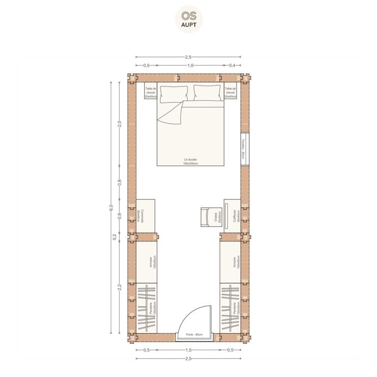 Plan chambre 15m2 avec lit 160cm et penderie 2. 5 x 6. 0m