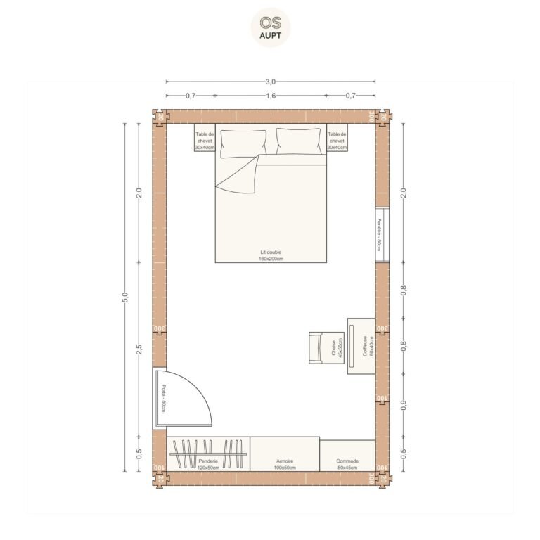 Plan chambre 15m2 avec lit 160cm lineaire de rangement et coiffeuse 3. 0 x 5. 0 m