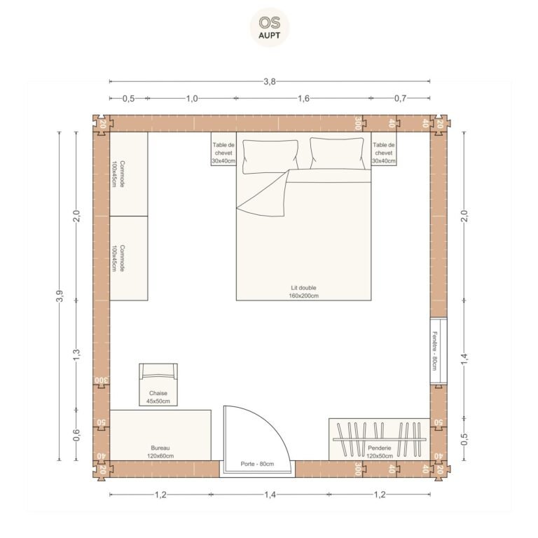Plan chambre 15m2 avec lit 160cm penderie et bureau 120cm 3. 8 x 3. 9m
