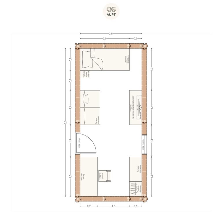 Plan chambre 15m2 avec lit 90cm bureau 160cm et canape 2. 5 x 6. 0m