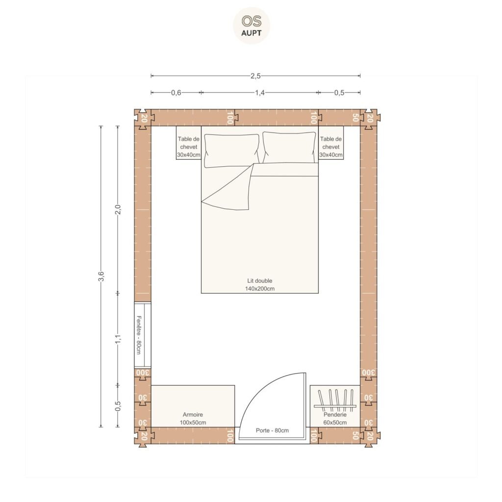 Plan chambre 9m2 avec lit 140cm armoire et penderie 2. 5 x 3. 6 m
