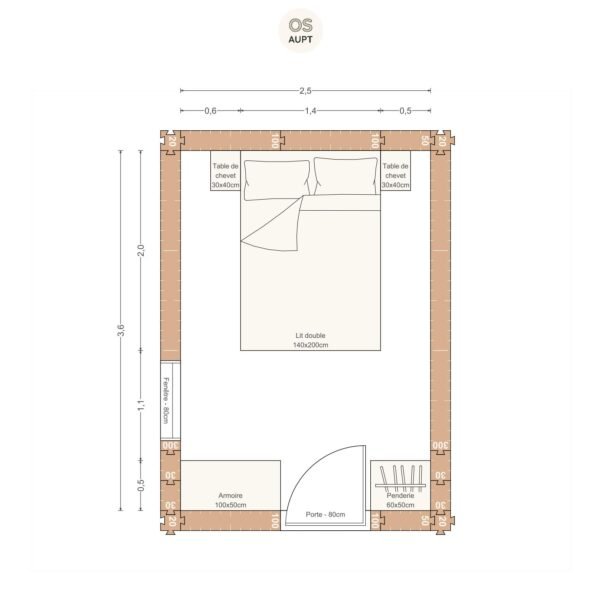 Plan chambre 9m2 avec lit 140cm armoire et penderie 2. 5 x 3. 6 m