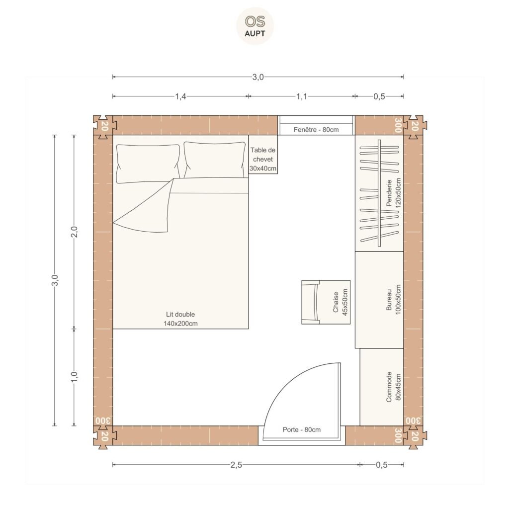 Plan chambre 9m2 avec lit 140cm et bureau 100cm 3. 0 x 3. 0 m