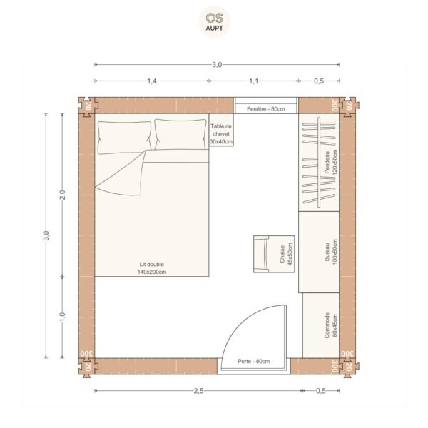 Plan chambre 9m2 avec lit 140cm et bureau 100cm 3. 0 x 3. 0 m