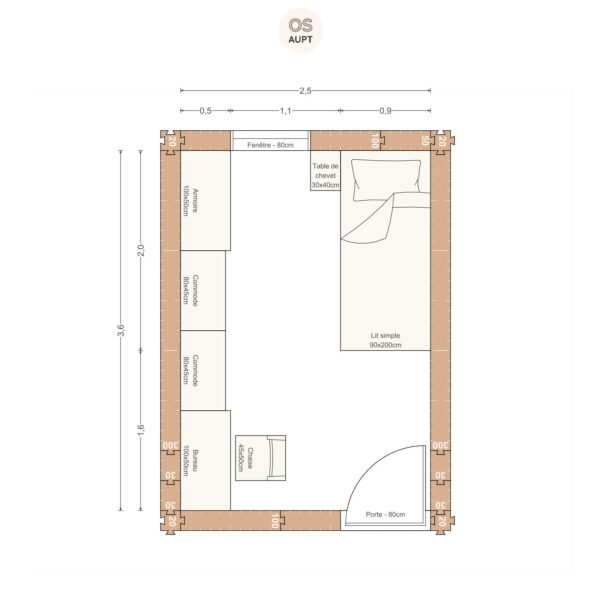 Plan chambre 9m2 avec lit 90cm bureau 100cm et armoire 2. 5 x 3. 6 m